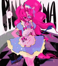 Size: 1050x1190 | Tagged: safe, artist:raimugi____, derpibooru import, pinkie pie, equestria girls, clothes, dress, exclamation point, hair over one eye, maid, pinkamena diane pie