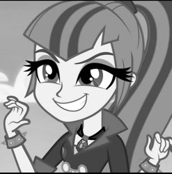 Size: 1080x1094 | Tagged: safe, derpibooru import, edit, sonata dusk, equestria girls, black and white, cute, grayscale, monochrome, smiling