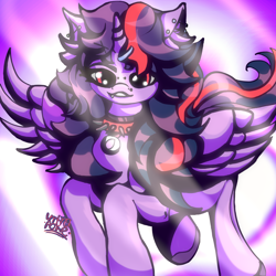 Size: 3000x3000 | Tagged: safe, artist:umbrapone, derpibooru import, twilight sparkle, twilight sparkle (alicorn), alicorn, abstract background, collar, crepuscular rays, cute, cute little fangs, ear fluff, ear piercing, ears, fangs, flying, hairclip, hairpin, hooves, messy mane, nose piercing, piercing, signature, smuglight sparkle, solo, spiked collar