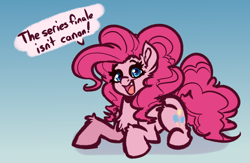 Size: 4000x2600 | Tagged: safe, artist:witchtaunter, derpibooru import, pinkie pie, earth pony, pony, chest fluff, commission, drama, ear fluff, ears, fluffy, gradient background, looking at you, lying down, op is a cuck, op is trying to start shit, shoulder fluff, smiling, smiling at you, solo, speech bubble