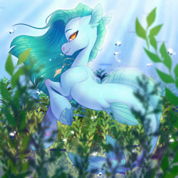 Size: 1280x1280 | Tagged: safe, artist:sadelinav, derpibooru import, oc, oc only, fish, merpony, seapony (g4), siren, bubble, commission, crepuscular rays, digital art, dorsal fin, female, fins, fish tail, flowing mane, flowing tail, green mane, jewelry, looking at you, necklace, ocean, orange eyes, seaweed, smiling, smiling at you, solo, sunlight, swimming, tail, underwater, water, ych result