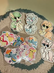 Size: 1108x1478 | Tagged: safe, artist:oc_ponys, derpibooru import, apple bloom, carrot top, fluttershy, golden harvest, nurse redheart, rainbow dash, screw loose, sweetie belle, earth pony, pegasus, pony, unicorn, photo, traditional art