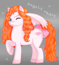 Size: 2335x2569 | Tagged: safe, artist:itslage, derpibooru import, oc, oc only, pegasus, pony, bow, colored hooves, female, hair bow, mare, one eye closed, raised hoof, raised leg, solo, wings, wink