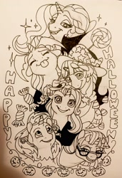 Size: 2307x3375 | Tagged: safe, artist:razledazle, derpibooru import, moondancer, princess luna, starlight glimmer, sunset shimmer, trixie, twilight sparkle, twilight sparkle (alicorn), alicorn, pony, unicorn, bust, female, lineart, mare, smiling, traditional art