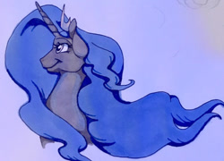 Size: 640x462 | Tagged: safe, artist:razledazle, derpibooru import, princess luna, alicorn, pony, bust, female, jewelry, mare, smiling, solo, tiara, traditional art