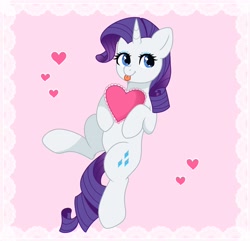 Size: 2056x1979 | Tagged: safe, artist:kadzumiisayu, derpibooru import, rarity, pony, unicorn, :p, cute, female, heart, holiday, mare, pillow, raised leg, raribetes, solo, tongue, tongue out, valentine's day, ych example, your character here