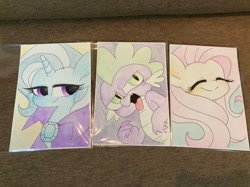 Size: 1478x1108 | Tagged: safe, artist:oc_ponys, derpibooru import, fluttershy, spike, trixie, dragon, pegasus, unicorn, bust, female, male, mare, traditional art, trio