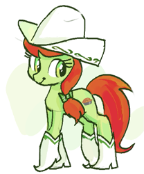 Size: 417x502 | Tagged: safe, artist:plunger, peachy sweet, earth pony, pony, apple family member, boots, bow, cowboy boots, cowboy hat, cute, female, full body, hair bow, hat, looking at something, looking back, mare, shoes, simple background, smiling, solo, standing, white background