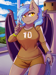 Size: 2424x3245 | Tagged: safe, artist:hakkids2, derpibooru import, oc, oc only, oc:moon bloom, anthro, bat pony, adorasexy, anthro oc, bat pony oc, clothes, cute, female, high res, looking at you, mare, sexy, shorts, slit eyes, smiling, smiling at you, solo, ych result