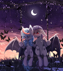 Size: 1788x2000 | Tagged: safe, artist:magicbalance, derpibooru import, oc, oc only, oc:moon bloom, bat pony, butterfly, pony, bat pony oc, chest fluff, crescent moon, ears, eyes closed, fangs, female, floppy ears, floral head wreath, flower, looking at someone, male, mare, moon, night, oc x oc, romantic, sitting, smiling, stallion, starry night, stars, straight, swing, unnamed oc, ych result