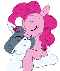Size: 1228x1447 | Tagged: safe, artist:hattsy, pinkie pie, oc, oc:hattsy, earth pony, pony, canon x oc, eyes closed, female, hug, mare, open mouth, open smile, simple background, smiling, white background