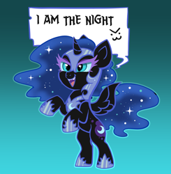 Size: 3516x3595 | Tagged: safe, artist:confetticakez, derpibooru import, nightmare moon, alicorn, pony, >:3, armor, bipedal, chibi, cute, female, helmet, hoof shoes, i am the night, jewelry, mare, moonabetes, nightmare moon armor, open mouth, rearing, regalia, solo