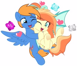 Size: 4096x3521 | Tagged: safe, artist:jhayarr23, derpibooru import, part of a set, oc, oc only, oc:rozyfly, oc:sunshine drift, bat pony, pegasus, pony, bat wings, cheek fluff, cute, female, heart, hearts and hooves day, hug, hugging a pony, looking at each other, looking at someone, male, mare, nuzzling, oc x oc, shipping, simple background, smiling, stallion, straight, white background, wings
