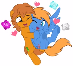 Size: 4096x3719 | Tagged: safe, artist:jhayarr23, derpibooru import, part of a set, oc, oc only, oc:rozyfly, oc:zip circuit, earth pony, pegasus, pony, cheek fluff, commission, cute, duo, duo male, heart, hug, hugging a pony, looking at each other, looking at someone, male, not shipping, nuzzling, simple background, smiling, stallion, white background, ych result