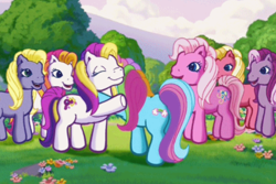 Size: 722x483 | Tagged: safe, derpibooru import, screencap, daisyjo, pinkie pie (g3), puzzlemint, rainbow dash (g3), sunny daze (g3), wysteria, earth pony, pony, g3, greetings from unicornia, catchphrase, cute, dawwsyjo, eyes closed, female, flower, forsythia (g3), g3 dashabetes, g3 dazeabetes, g3 diapinkes, g3 forsythiabetes, group, group shot, hug, mare, no kidding, open mouth, open smile, ponyville (g3), puzzlebetes, smiling, talking, tree, wysteriadorable