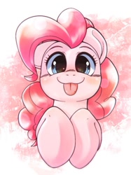 Size: 822x1098 | Tagged: safe, artist:kurogewapony, derpibooru import, pinkie pie, earth pony, pony, abstract background, blushing, bust, cute, diapinkes, female, looking at you, mare, portrait, simple background, smiling, smiling at you, solo, tongue, tongue out