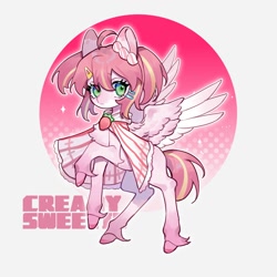 Size: 2000x2000 | Tagged: safe, artist:kura, derpibooru import, oc, oc only, oc:cream sweetie, pegasus, pony, female, food, looking at you, mare, pegasus oc, simple background, solo, strawberry, white background