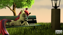 Size: 3413x1920 | Tagged: safe, artist:gradiusfanatic, derpibooru import, moondancer, pony, unicorn, 3d, bench, book, female, morning, reading, solo, source filmmaker, tree