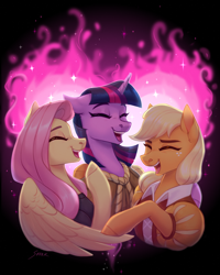 Size: 2570x3208 | Tagged: safe, artist:sparkling_light, derpibooru import, applejack, clover the clever, fluttershy, private pansy, smart cookie, twilight sparkle, unicorn twilight, earth pony, pegasus, pony, unicorn, hearth's warming eve (episode), bust, clover the clever's cloak, ears, eyes closed, female, fire of friendship, floppy ears, happy, high res, laughing, laughingmares.jpg, mare, open mouth, smiling, trio