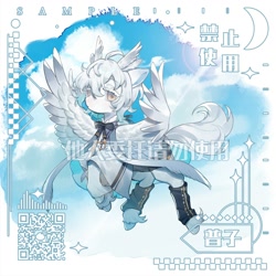 Size: 2000x2000 | Tagged: safe, artist:kura, derpibooru import, oc, oc only, pegasus, pony, blue sky, chinese, cloud, commission, crescent moon, flying, looking at you, male, moon, pegasus oc, qr code, sample, solo, stallion, watermark