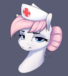 Size: 1988x2207 | Tagged: safe, artist:aquaticvibes, derpibooru import, nurse redheart, earth pony, pony, female, frown, gray background, looking at you, mare, simple background, solo, unamused