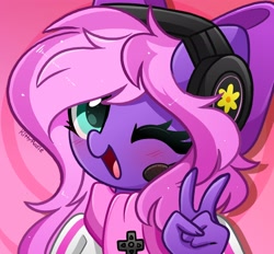 Size: 2048x1902 | Tagged: safe, artist:kittyrosie, derpibooru import, oc, oc:lillybit, anthro, blushing, clothes, commission, headphones, one eye closed, open mouth, peace sign, scarf