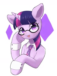 Size: 1800x2400 | Tagged: safe, artist:ayahana, derpibooru import, twilight sparkle, unicorn twilight, pony, unicorn, bust, clothes, cutie mark on clothes, female, glasses, happy, looking at you, mare, necktie, simple background, smiling, smiling at you, solo, white background