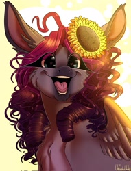 Size: 1565x2048 | Tagged: safe, artist:unfinishedheckery, derpibooru import, oc, oc only, pegasus, bedroom eyes, bust, digital art, female, flower, flower in hair, looking at you, open mouth, portrait, simple background, solo, wings