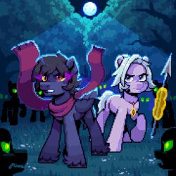 Size: 720x720 | Tagged: safe, artist:hikkage, derpibooru import, oc, oc only, oc:fenris ebonyglow, oc:kara waypoint, animated, clothes, female, forest, jewelry, male, mare, moon, necklace, night, scarf, sombra eyes, spear, stallion, weapon