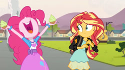 Size: 3410x1920 | Tagged: safe, derpibooru import, screencap, pinkie pie, sunset shimmer, equestria girls, friendship games, backpack, clothes, cupcake, cutie mark on clothes, duo, duo female, female, food, high res, jacket, leather, leather jacket, nose in the air, open mouth, open smile, smiling, statue, uvula, volumetric mouth