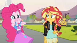 Size: 3410x1920 | Tagged: safe, derpibooru import, screencap, pinkie pie, sunset shimmer, equestria girls, friendship games, aweeg*, backpack, clothes, cutie mark on clothes, duo, duo female, eating, female, high res, jacket, leather, leather jacket, statue