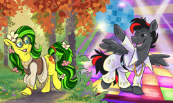 Size: 1000x597 | Tagged: safe, artist:spainfischer, derpibooru import, oc, oc only, earth pony, pegasus, pony, 60s, clothes, disco, disco ball, female, forest, glasses, hippie, male