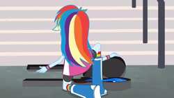 Size: 3410x1920 | Tagged: safe, derpibooru import, screencap, rainbow dash, equestria girls, friendship games, boots, electric guitar, female, guitar, high res, musical instrument, shoes, solo, stairs