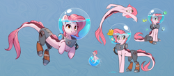 Size: 2854x1252 | Tagged: safe, artist:rexyseven, derpibooru import, oc, oc only, oc:koraru koi, butterfly, merpony, sea pony, seapony (g4), abstract background, amputee, blue background, bubble helmet, cracked, female, gills, prosthetic leg, prosthetic limb, prosthetics, rebreather, simple background, smiling, solo, sticky note, swimming, tape, text, underwater, water