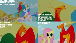 Size: 1280x720 | Tagged: safe, derpibooru import, edit, edited screencap, editor:quoterific, screencap, fluttershy, philomena, princess celestia, alicorn, pegasus, phoenix, pony, a bird in the hoof, season 1, crown, female, jewelry, male, mare, open mouth, regalia, smiling