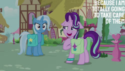 Size: 1280x720 | Tagged: safe, derpibooru import, edit, edited screencap, editor:quoterific, screencap, starlight glimmer, trixie, pony, unicorn, season 9, student counsel, spoiler:s09, angry, bag, duo, ears, female, floppy ears, mare, open mouth, open smile, saddle bag, smiling, trixie is not amused, unamused