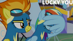 Size: 1280x720 | Tagged: safe, derpibooru import, edit, edited screencap, editor:quoterific, screencap, rainbow dash, spitfire, pegasus, pony, parental glideance, season 7, clothes, duo, eyes closed, female, goggles, mare, open mouth, smiling, uniform, wing hands, wings, wonderbolts uniform