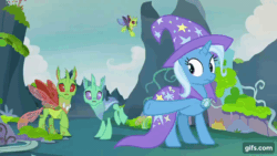 Size: 640x360 | Tagged: safe, derpibooru import, screencap, trixie, changeling, pony, unicorn, season 7, to change a changeling, animated, cape, clothes, eyes closed, female, gif, gifs.com, hat, male, mare, open mouth, screaming, trixie's cape, trixie's hat