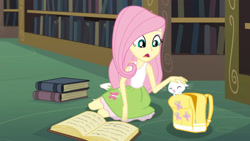 Size: 3410x1920 | Tagged: safe, derpibooru import, screencap, angel bunny, fluttershy, rabbit, equestria girls, friendship games, angelbetes, animal, backpack, book, boots, cute, duo, eyes closed, female, high res, male, open mouth, shoes, smiling