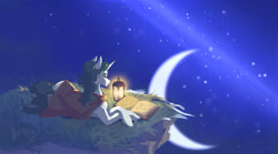 Size: 3600x2000 | Tagged: safe, artist:hichieca, derpibooru import, oc, oc:aquaria lance, pony, unicorn, book, cape, cliff, clothes, lantern, moon, mountain, night, reading, solo, stars, study, studying