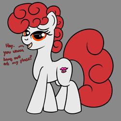 Size: 2000x2000 | Tagged: safe, artist:dafiltafish, derpibooru import, oc, oc:clair, earth pony, pony, earth pony oc, gray background, looking at you, simple background, text