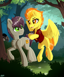 Size: 4000x4800 | Tagged: safe, artist:rainbowfire, derpibooru import, spitfire, oc, pegasus, pony, unicorn, coffee, female, fluffy, flying, forest, green eyes, male, mare, orange eyes, rockstar, stallion, tree, walking, wings