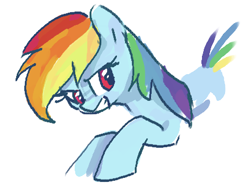 Size: 432x328 | Tagged: safe, artist:plunger, ponerpics import, rainbow dash, pegasus, bust, female, looking back, mare, open mouth, open smile, simple background, smiling, solo, teeth, white background