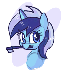 Size: 299x332 | Tagged: safe, artist:plunger, ponerpics import, minuette, pony, unicorn, bust, female, holding, looking up, mare, mouth hold, simple background, smiling, solo, toothbrush