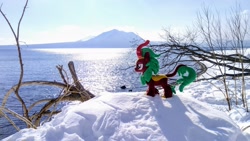 Size: 2048x1158 | Tagged: safe, derpibooru import, photographer:pakapaka1993, kirin, pony, dead tree, irl, japan, photo, plushie, snow, solo, tree, winter