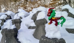 Size: 2048x1194 | Tagged: safe, derpibooru import, photographer:pakapaka1993, cinder glow, summer flare, kirin, pony, irl, japan, photo, plushie, snow, solo, winter