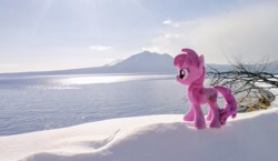 Size: 1024x595 | Tagged: safe, derpibooru import, photographer:pakapaka1993, berry punch, berryshine, earth pony, pony, irl, japan, mountain, ocean, photo, plushie, snow, solo, water, winter