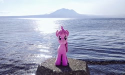 Size: 1024x617 | Tagged: safe, derpibooru import, photographer:pakapaka1993, berry punch, berryshine, earth pony, pony, irl, japan, mountain, ocean, photo, plushie, rock, solo, water