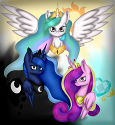 Size: 2349x2554 | Tagged: safe, artist:teonnakatztkgs, derpibooru import, princess cadance, princess celestia, princess luna, alicorn, pony, alicorn triarchy, bust, female, horn, jewelry, mare, peytral, spread wings, tiara, wings