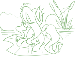 Size: 2738x2190 | Tagged: safe, artist:kaikururu, derpibooru import, oc, oc only, earth pony, pony, earth pony oc, eye clipping through hair, eyes closed, female, lilypad, lineart, lying down, mare, monochrome, prone, smiling, solo